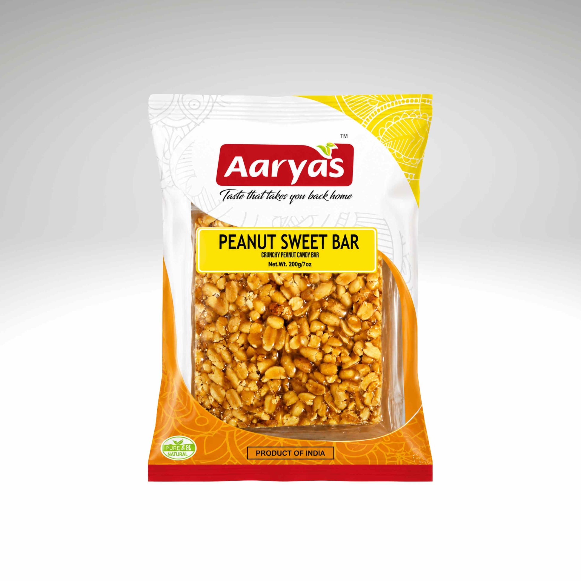 A bag of Aaryas Peanut Sweet Bar, featuring a white and orange packaging design with a clear window showing the golden-brown peanuts inside, set against a neutral gray background.