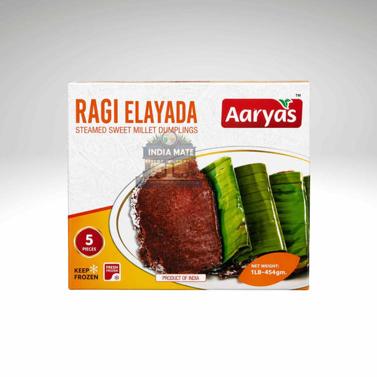 Aaryas Ragi Elayada packaging with a picture of dumplings and banana leaves on a white background.