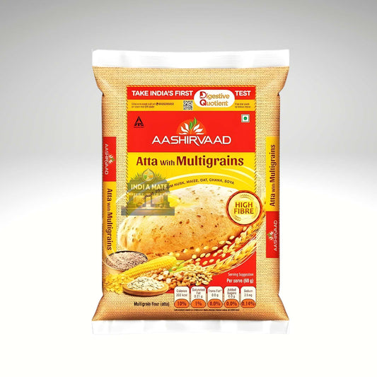 Aashirvaad Atta with Multigrains packaging on a white background.
