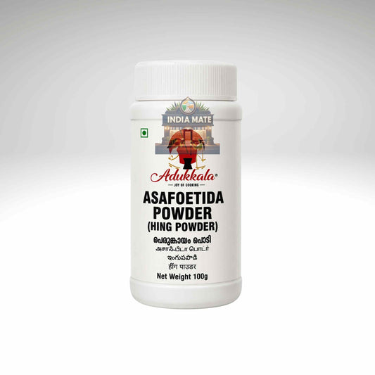 Adukkala Asafoetida Powder Hing Powder Indian Spice Seasoning in a bottle on a white background.