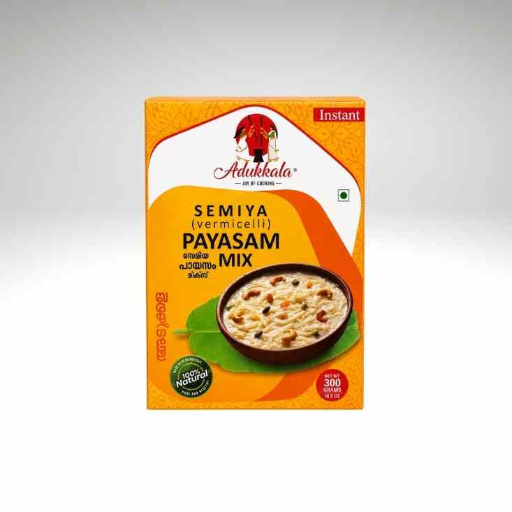 A box of Adukkala Semiya (vermicelli) Payasam Mix instant food, featuring a bright orange and white packaging design with a bowl of prepared semiya on the front.