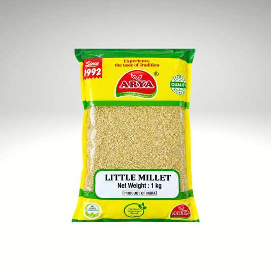 Arya little millet in a yellow and green packing.