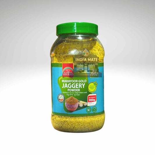 Jar of Marayoor Gold Jaggery Powder with a green lid on a white background