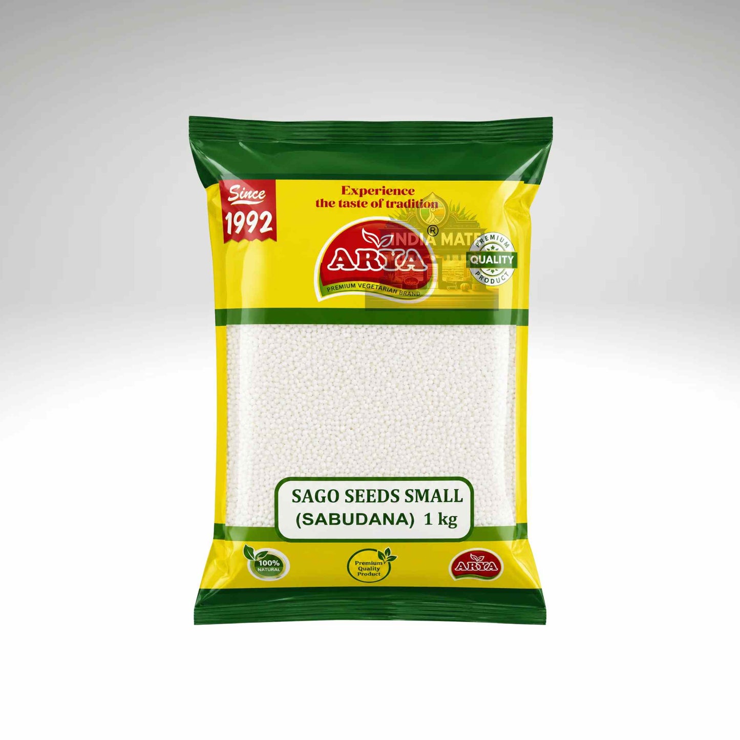 Packaged sago seeds with Arya branding on a white background