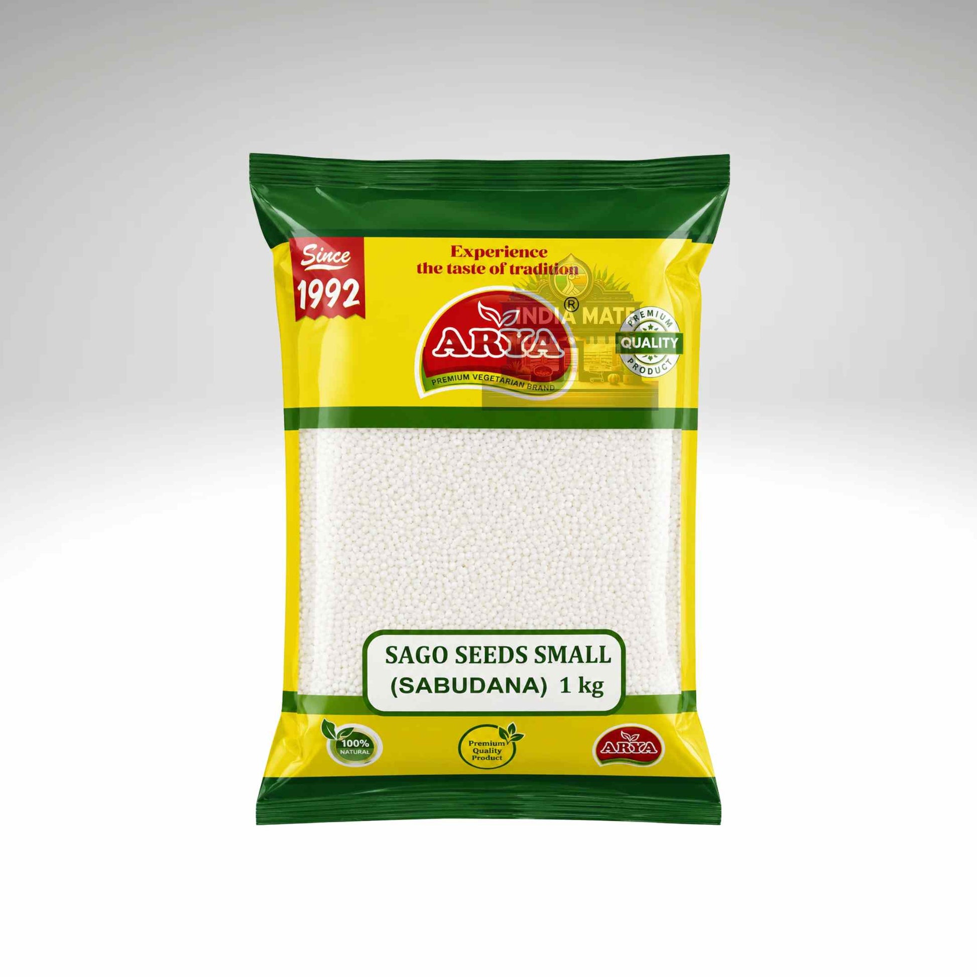 Packaged sago seeds with Arya branding on a white background