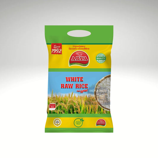 Arya White Raw Rice (Pachari) – polished white rice ideal for South Indian dishes. 
