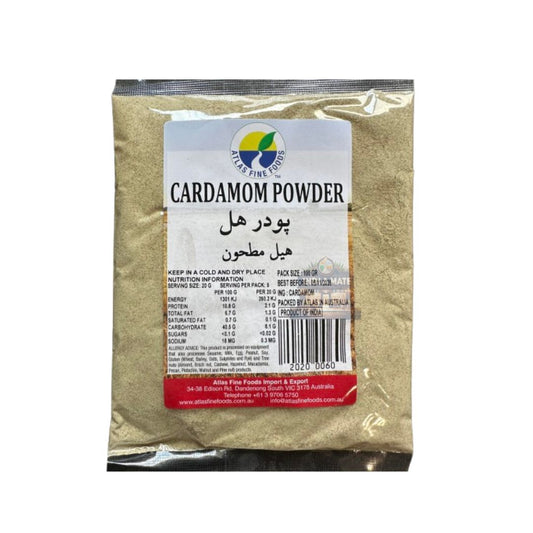 Atlas Fine Foods Cardamom Powder with rich green cardamom pods, sold by Indiamate, perfect for enhancing flavour and aroma in dishes.