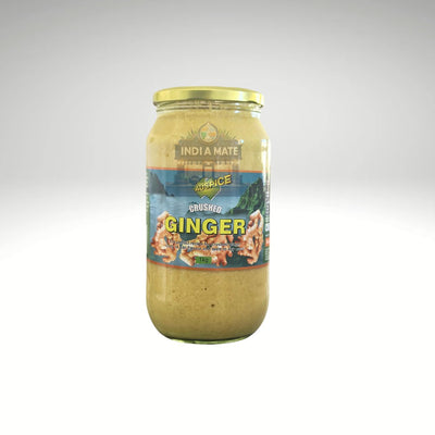 Jar of crushed ginger with a visible label on a white background