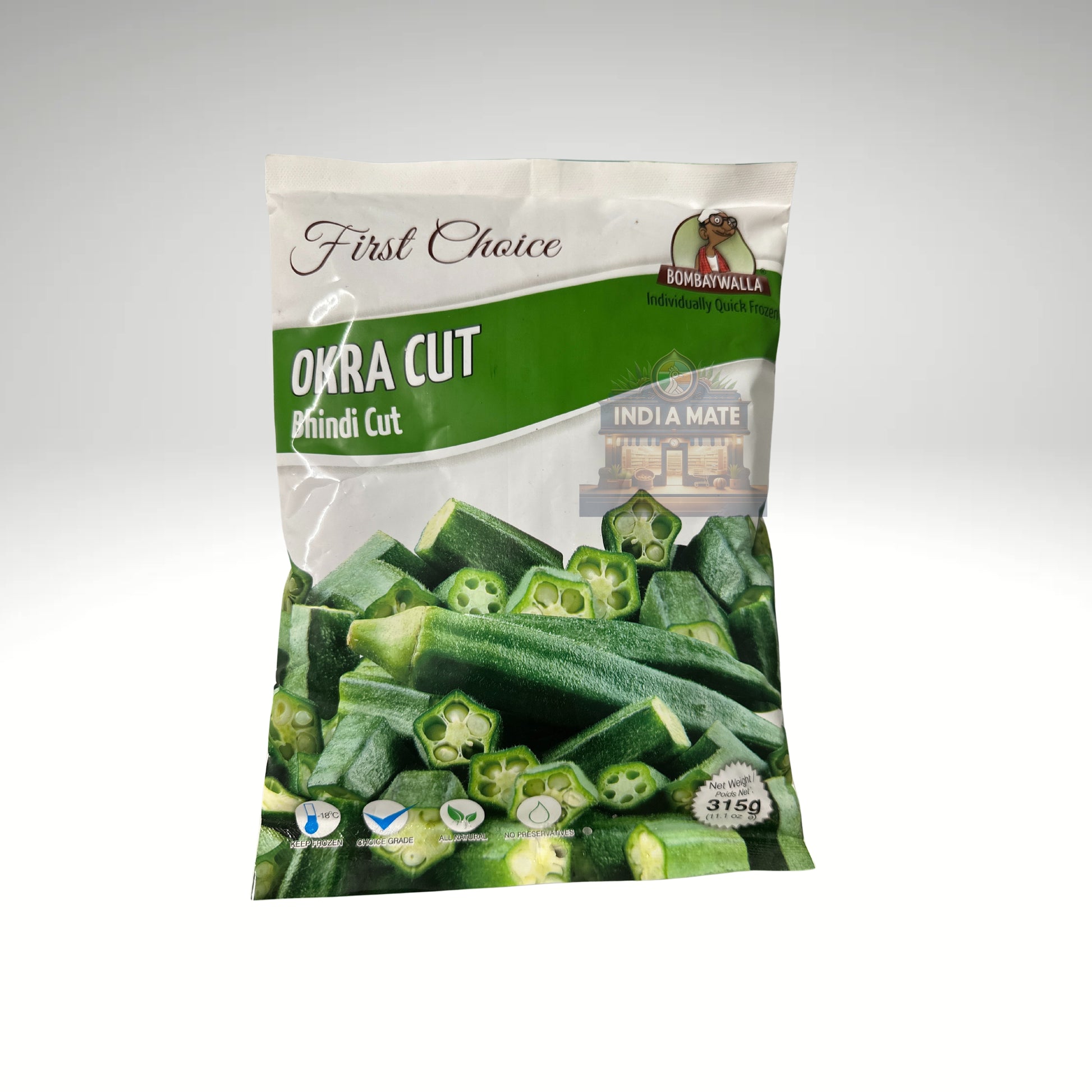 Bombaywalla Okra Cut Bhindi, fresh-cut frozen okra slices, ideal for quick and easy Indian cooking, perfect for curries and stir-fries.