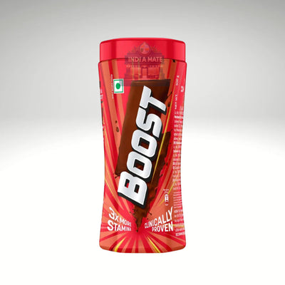 Boost energy drink container with red and white design on a gray background