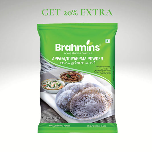 Packet of Brahmins Appam/Idiyappam Powder with 20% extra, premium quality rice flour for making soft appams and string hoppers, perfect for authentic Kerala dishes.