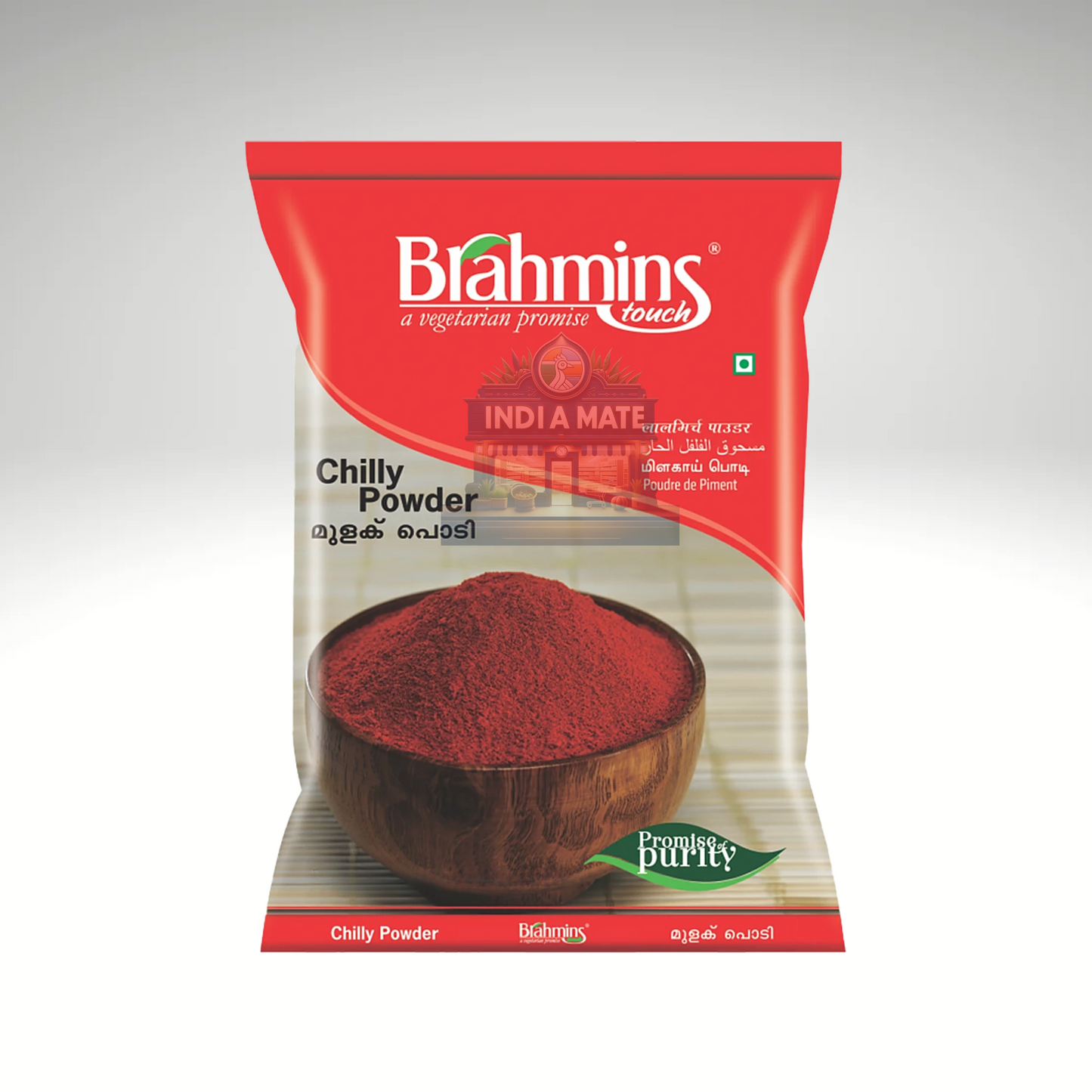 Brahmins Chilly Powder, pure and aromatic ground red chili spice, in branded packaging with clear label and product details.