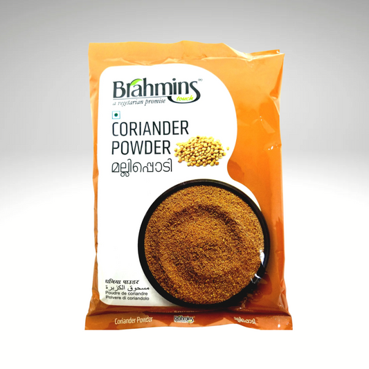 Image of a package of Brahmins Coriander, featuring an attractive design with the product name clearly visible. The packaging includes illustrations of coriander seeds.