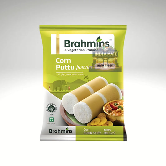 Brahmins Corn Puttu Podi (Makka Puttu Podi) – premium corn flour for traditional South Indian steamed puttu. Sold by IndiaMate.