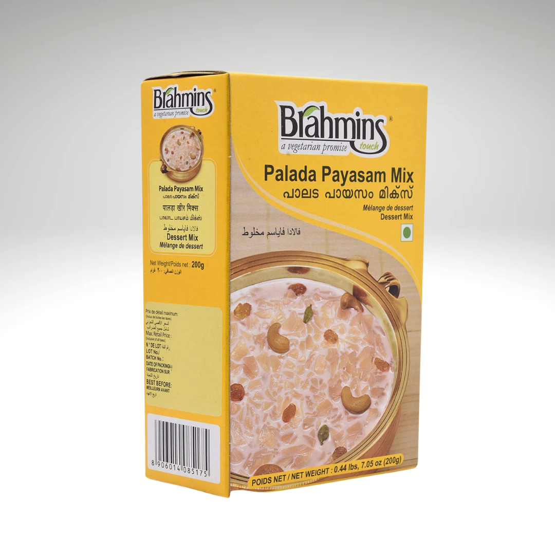 A packet of Brahmins Palada Payasam Mix, showcasing its bright packaging and a bowl of creamy, rich payasam, highlighting its traditional and festive appeal