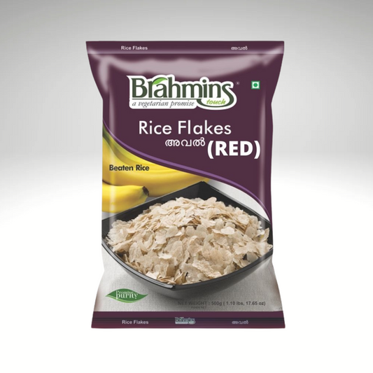 A packet of Brahmins Rice Flakes Mix, with colourful packaging, surrounded by a bowl of crispy rice flakes mixed with banana, highlighting its crunchy texture and versatile snack options.