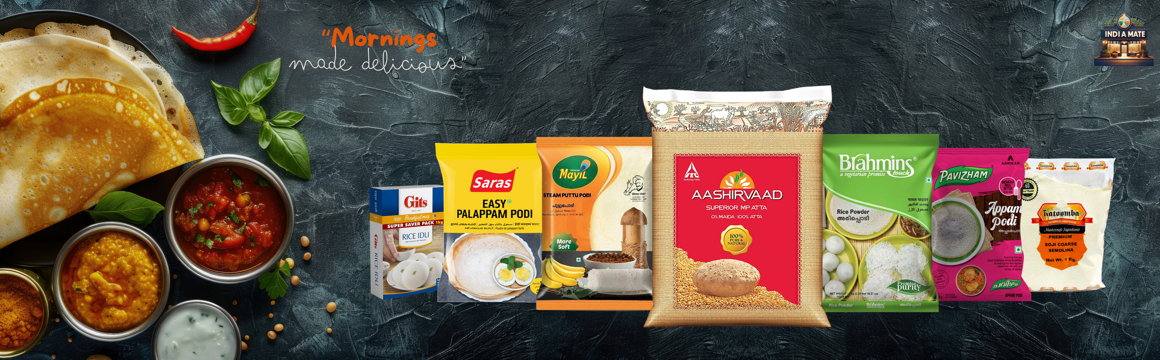 indian brakfast ingredients from saras, mayil, aashirvad, brahmins, katoomba which includes puttu powder, idli mix, rice powder, semolina atta etc