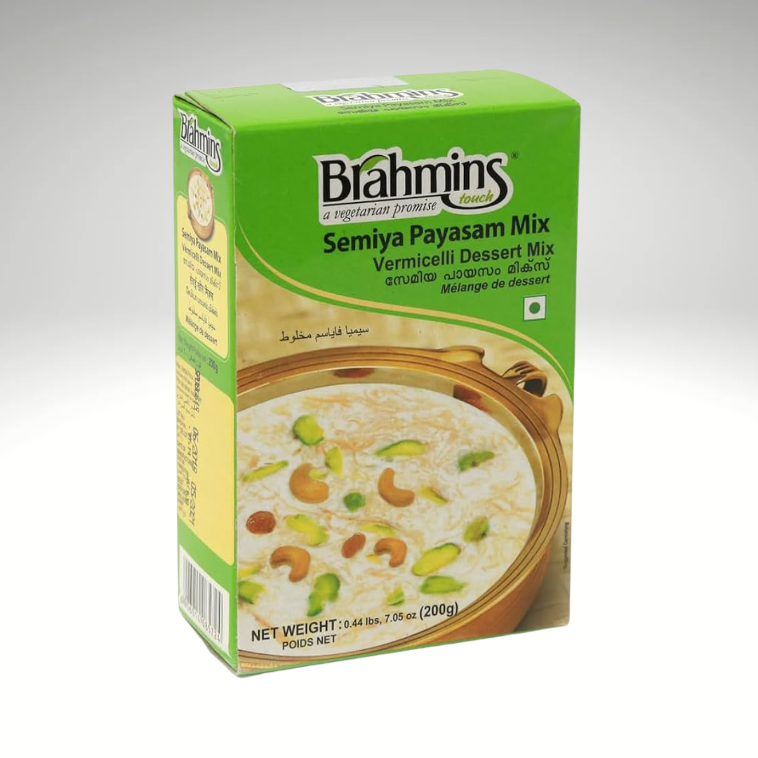 A packet of Brahmins Semiya Payasam Mix, featuring vibrant packaging, placed next to a bowl of creamy semiya payasam topped with nuts and raisins, showcasing its delicious and traditional dessert appeal.