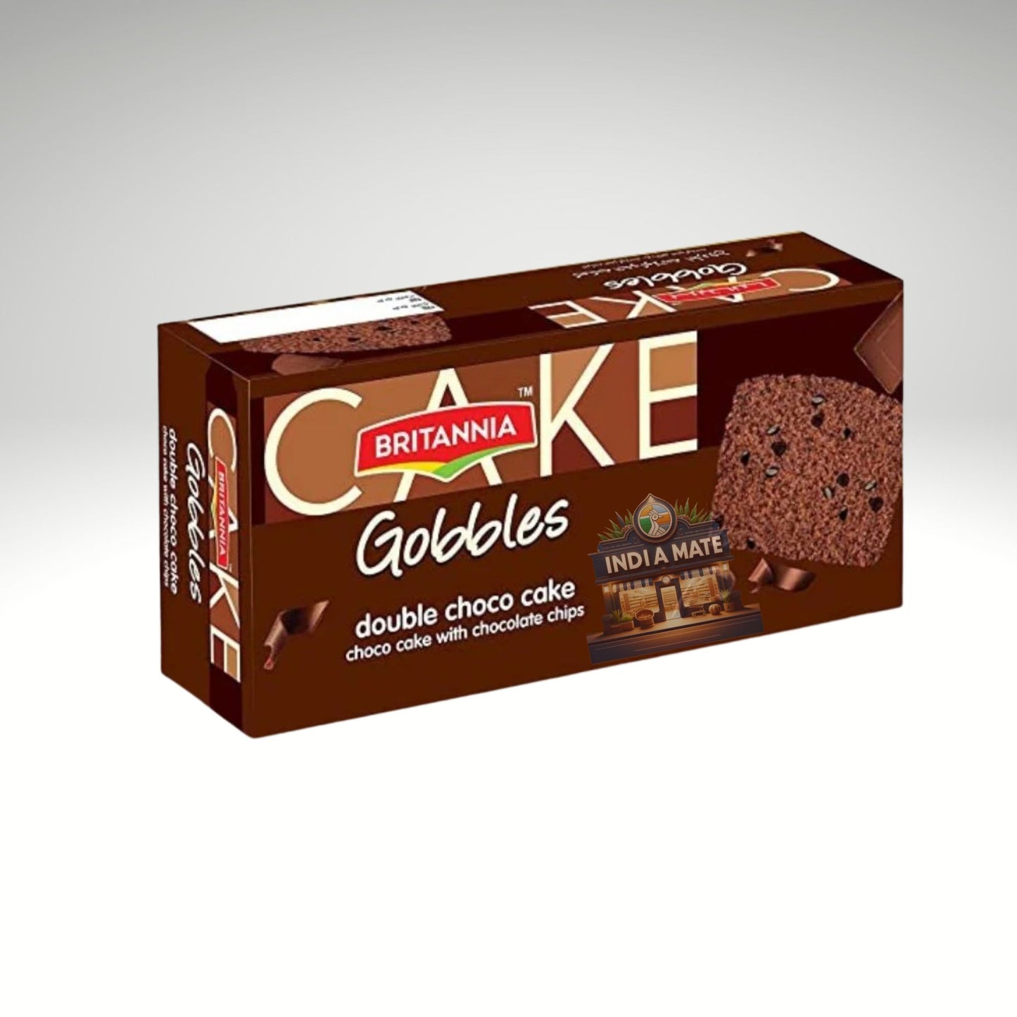 Box of Britannia Goldbles double choco cake on a gray background.