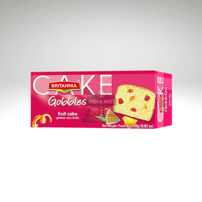 Box of Britannia Cake Gobbles fruit cake on a white background