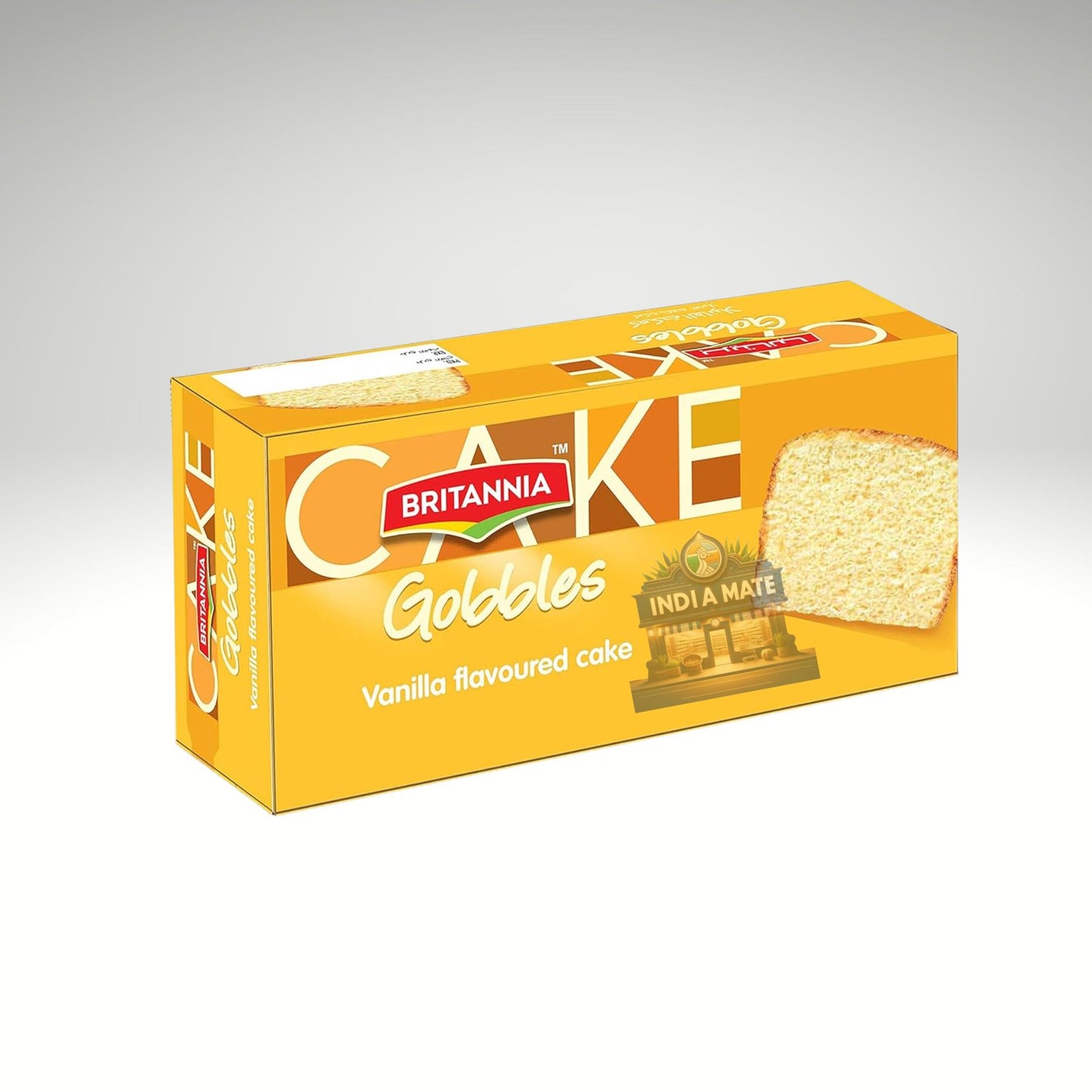 Box of Britannia Vanilla Flavoured Cake Goldies on a white background.
