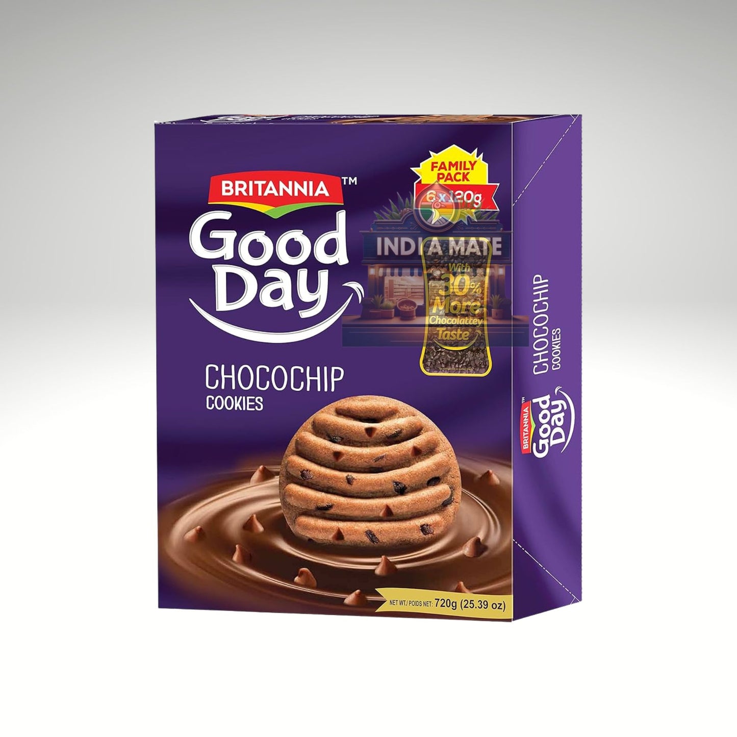 Box of Britannia Good Day Chocochip Cookies on a white background