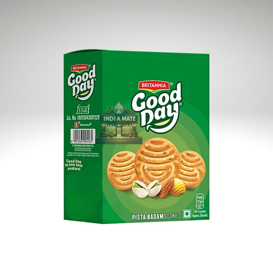 Britannia Good Day Pista Badam Biscuit box on a white background.