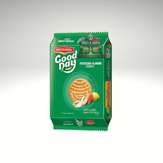Green packaging of Britannia Good Day Pistachio-Almond Cookies on a white background.
