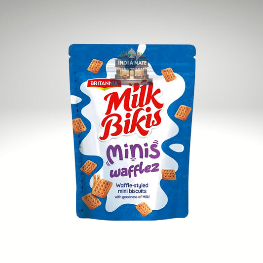 Packaging of Britannia Milk Bikis Minis Wafflez on a white background.