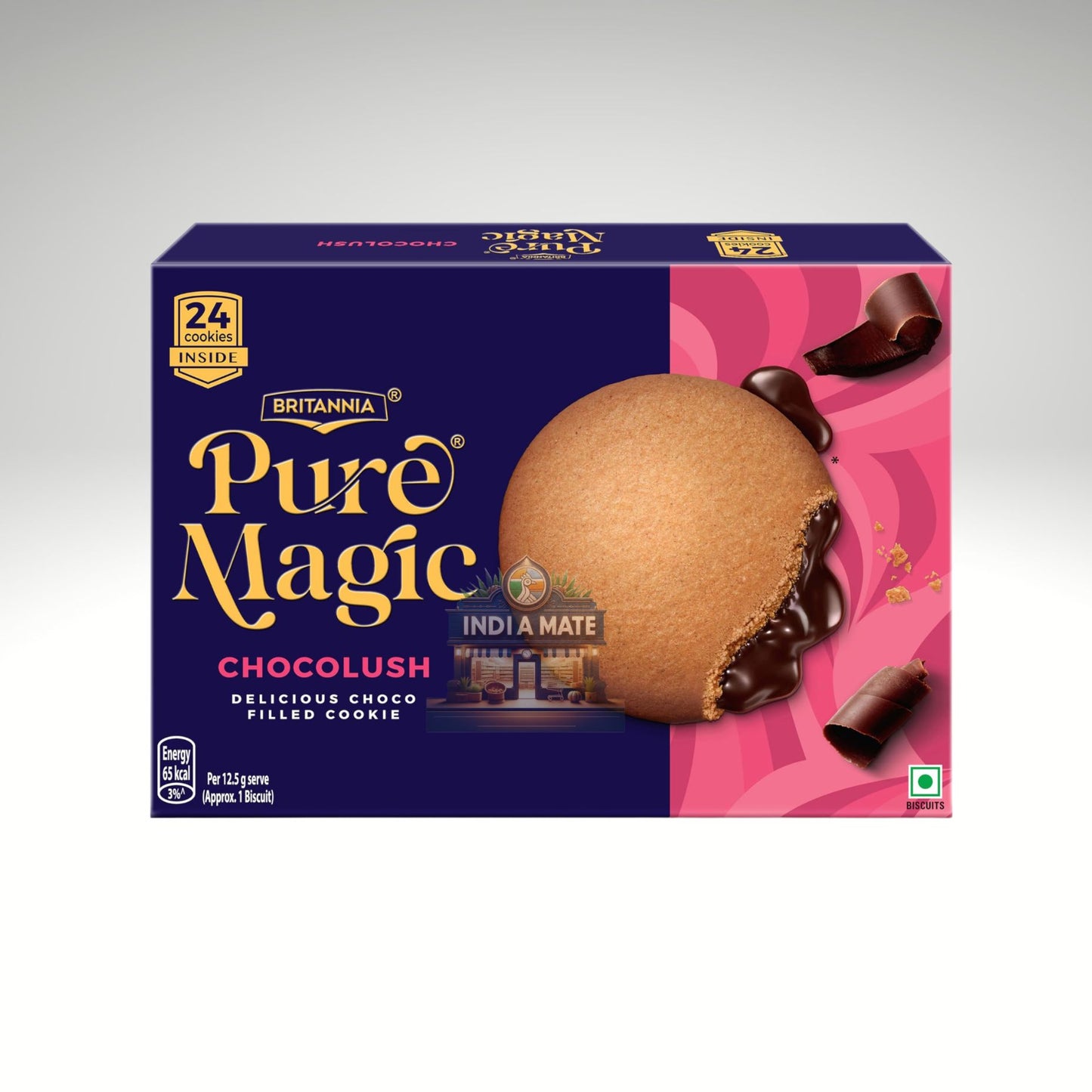 Box of Britannia Pure Magic Chocolush cookie with a visible chocolate filling on a white background.