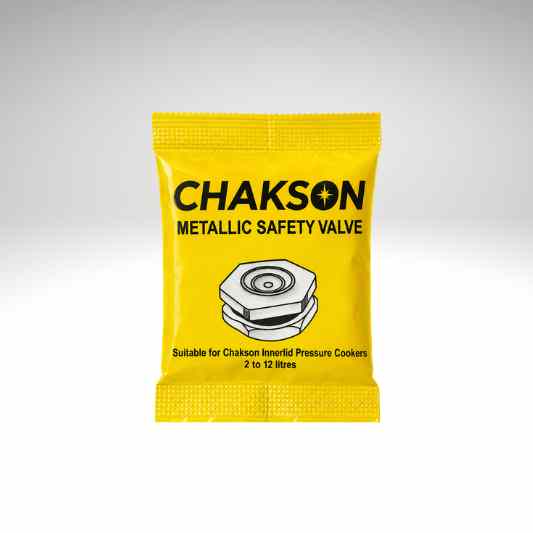 A yellow Chakson Metallic Safety Valve packet for Chakson innerlid pressure cookers, 2 to 12 litres, shown on a light gray gradient background.