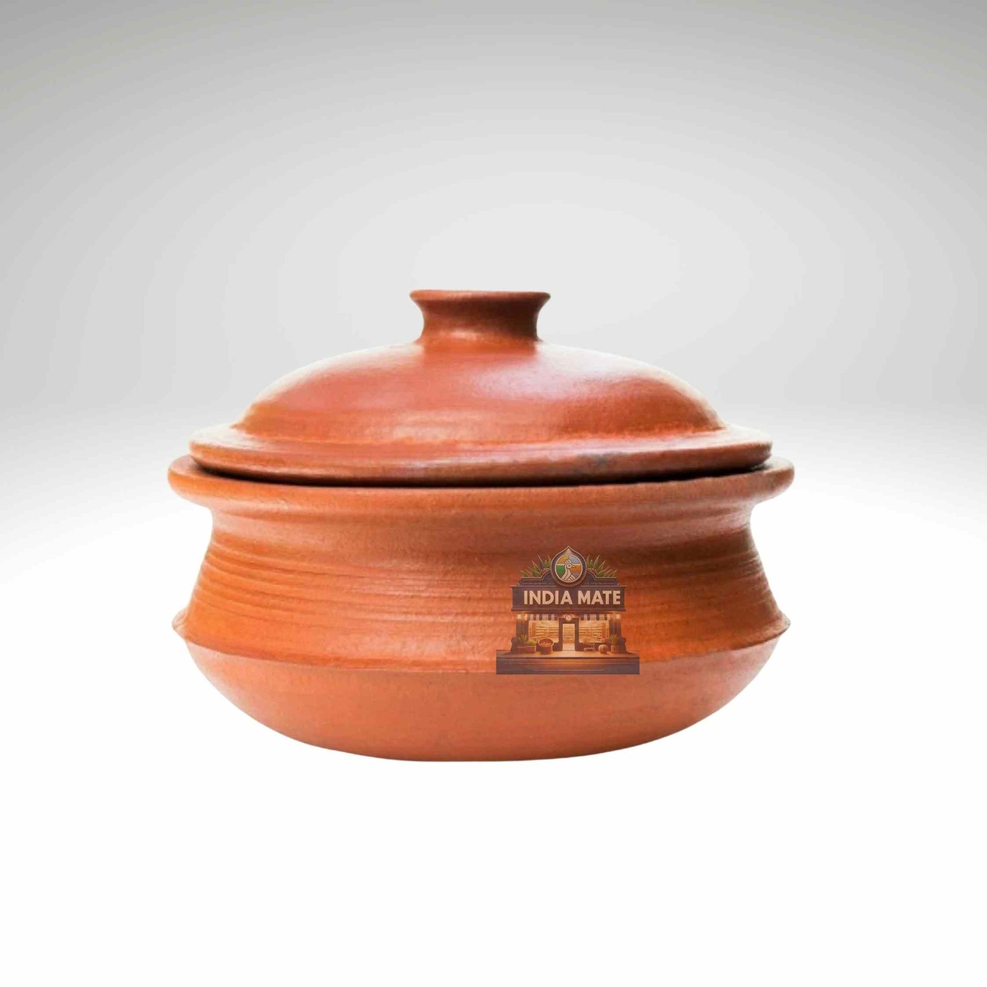 Terracotta pot with lid on a white background, featuring 'India Mate' branding.