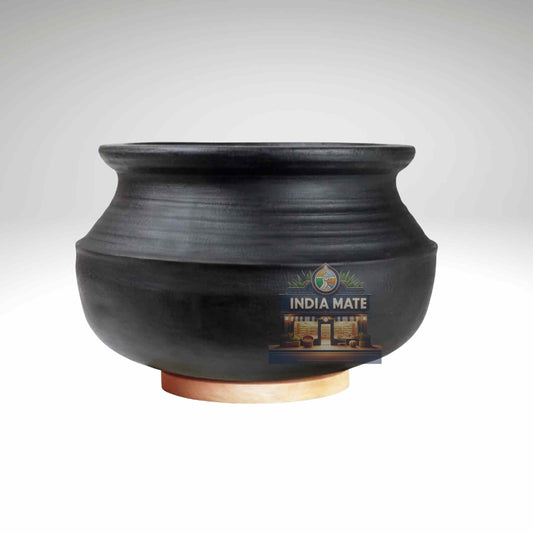 Black ceramic pot with 'India Mate' branding on a white background