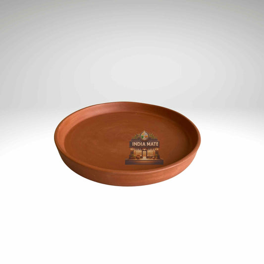 Terracotta plate with 'India Mate' logo on a white background