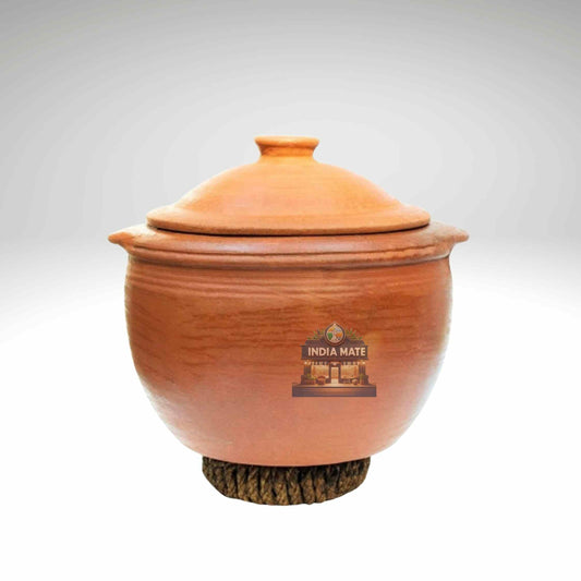 Terracotta pot with lid on a white background, featuring 'India Mate' branding.