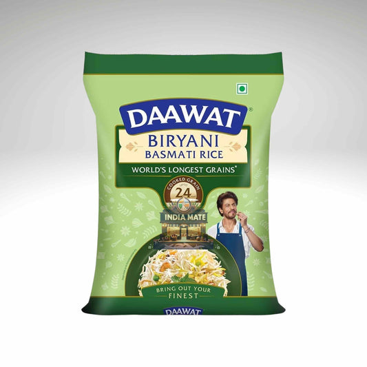 Daawat Biryani Basmati Rice packaging on a white background.