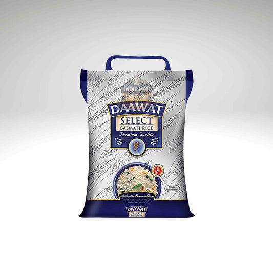 Daawat Select Basmati Rice packaging on a white background.