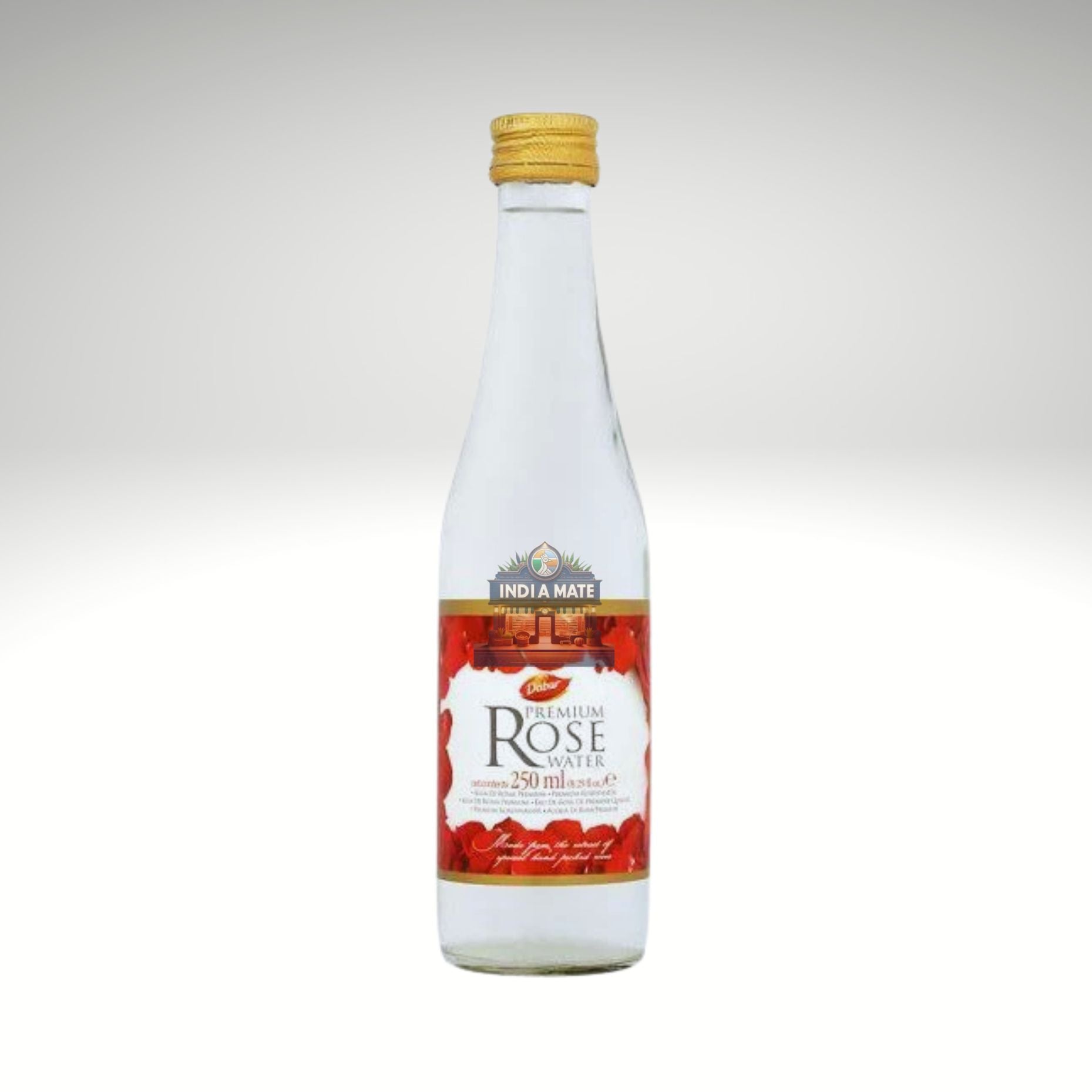 Bottle of Dabur Premium Rose Water on a white background.