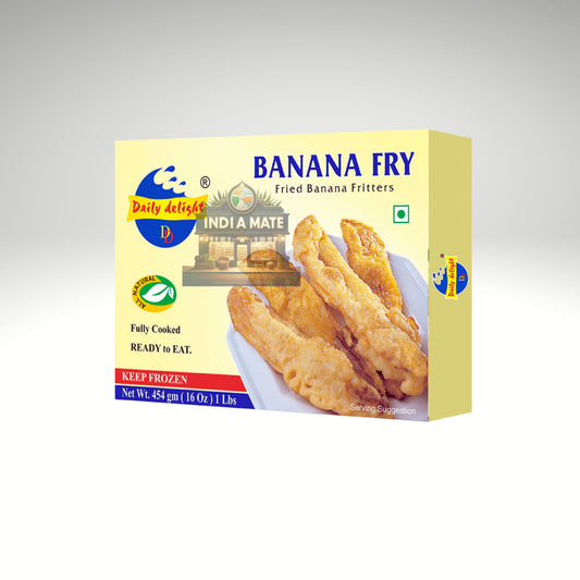 Box of Daily Delight Banana Fry with a picture of fried banana fritters on a white background.