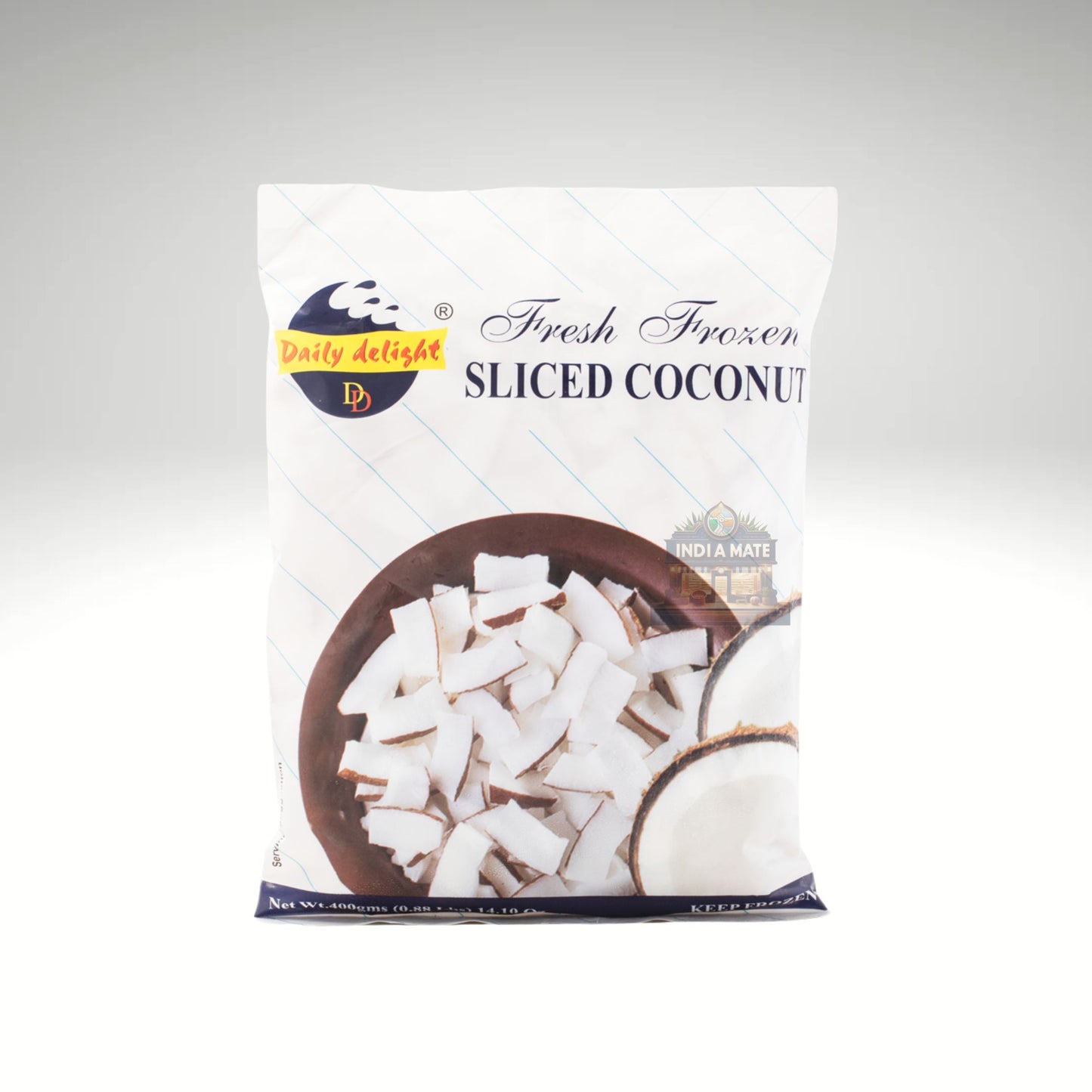 Daily Delight Sliced Coconut - Freshly sliced and frozen, perfect for cooking and baking, available at IndiaMate.