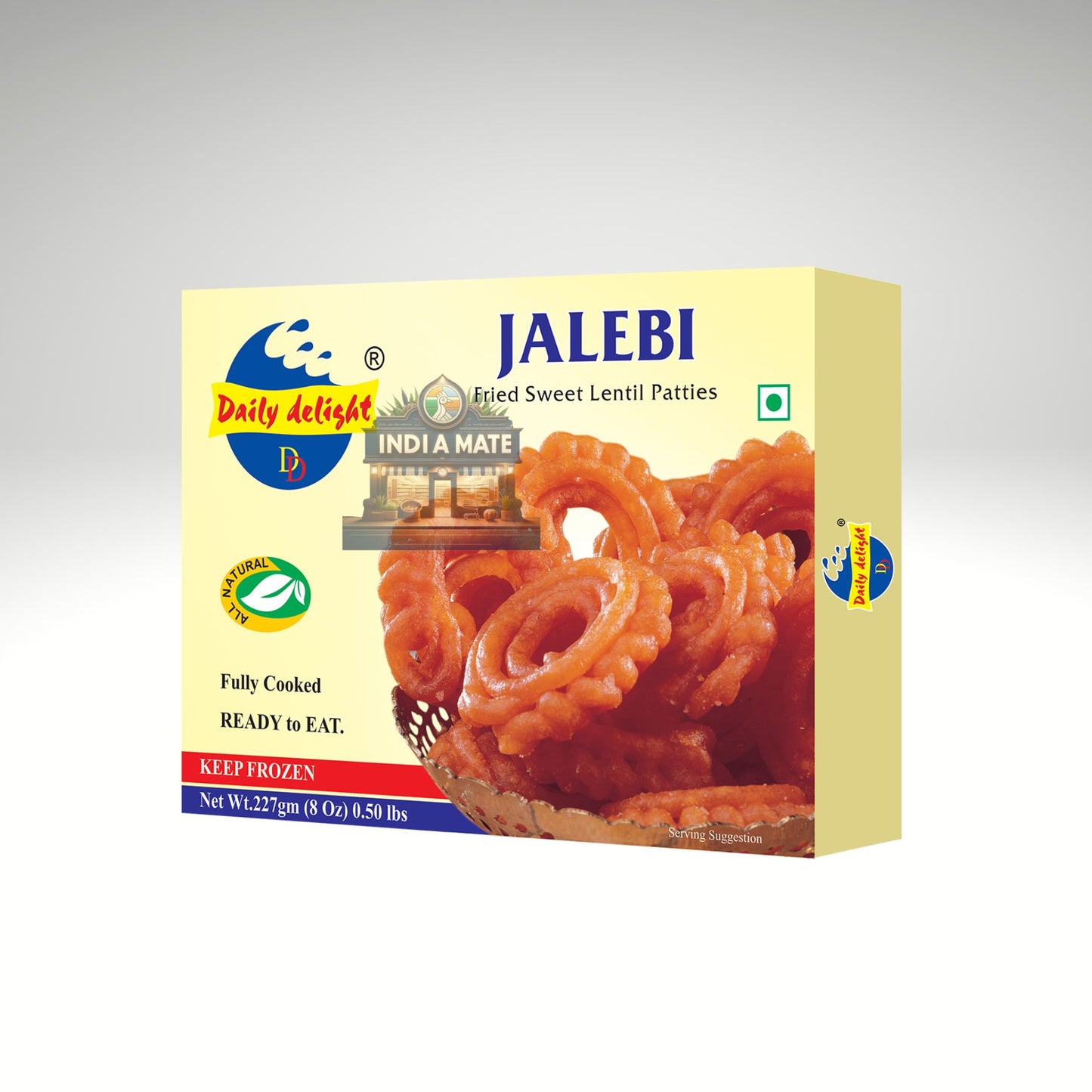 Box of Daily Delight Jalebi red  with a picture of jalebis on a white background.
