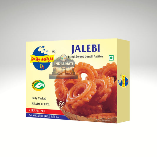 Box of Daily Delight Jalebi red  with a picture of jalebis on a white background.