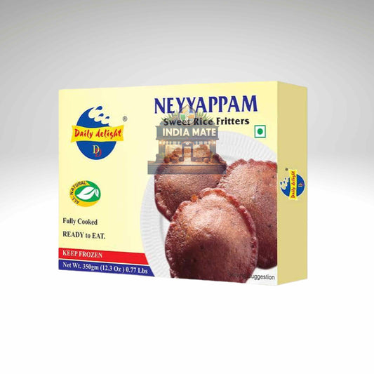 Box of Daily Delight Nevyappam with images of rice fritters on a gray background
