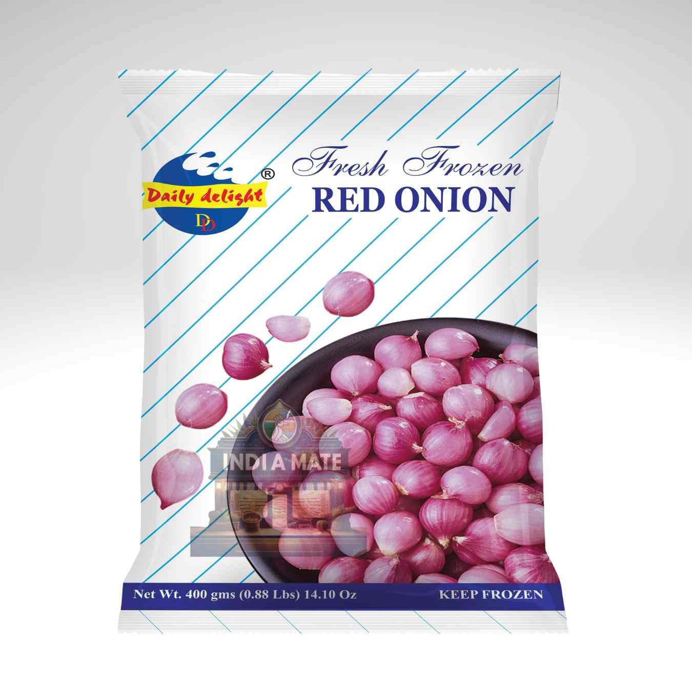 Packaging of Daily Delight fresh frozen red onions on a white background