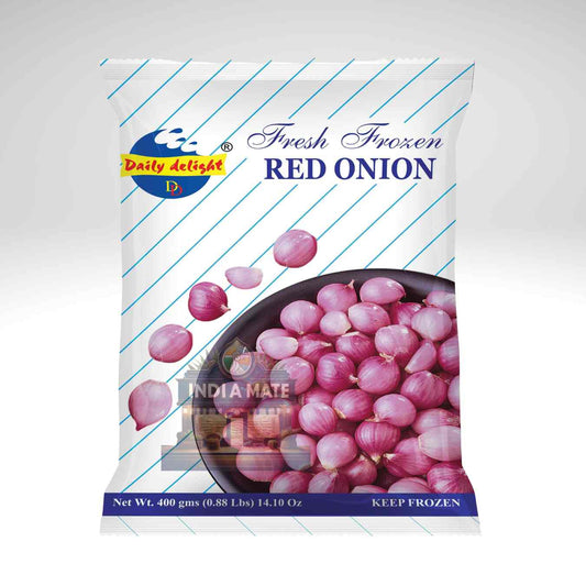 Packaging of Daily Delight fresh frozen red onions on a white background