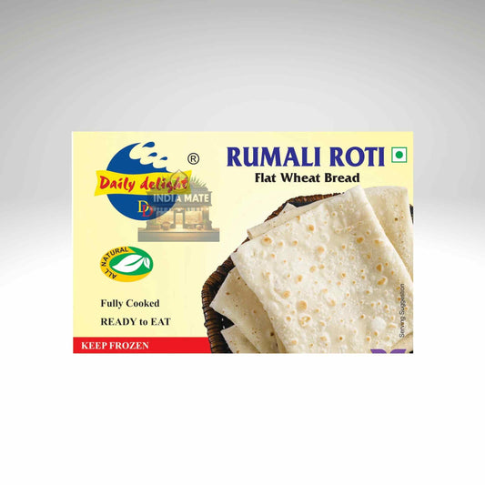 Rumali Roti packaging with a close-up of roti on a white background