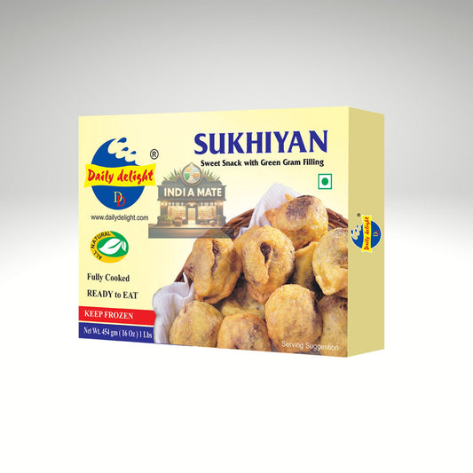 Box of daily delight Sukhiyan sweet snack with green gram filling on a white background.