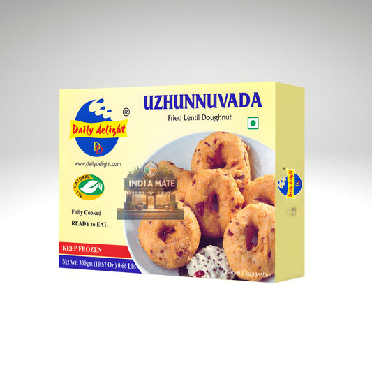 Box of Daily Delight Uzhunnuvada fried lentil doughnut with branding on a gray background.