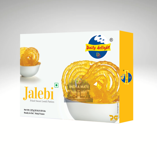 Daily Delight Jalebi Yellow – Traditional Indian spiral-shaped sweet soaked in sugar syrup.