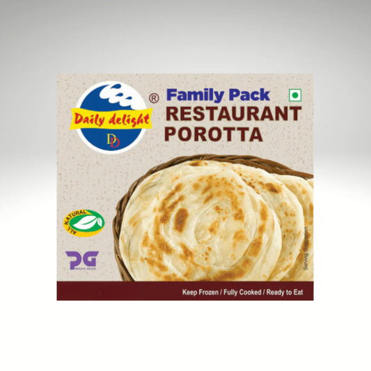 Packaging of Daily Delight Restaurant Porotta with branding and product image on a gray background